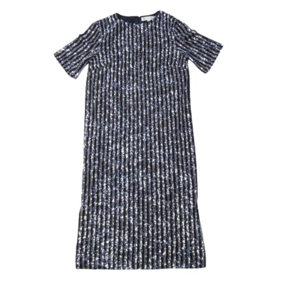 Anthropologie Flat White Short-Sleeve Sequin Stripe Midi Dress Navy S - Picture 4 of 11